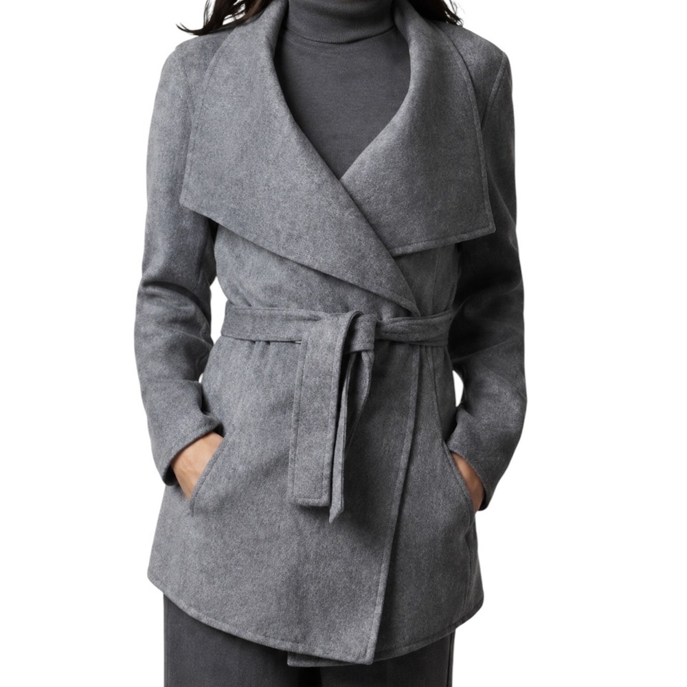 Womens Gray Wrap Belted Wool-Blend Coat